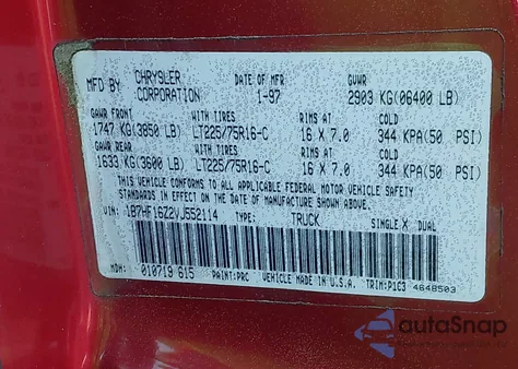 1997 Dodge Ram 1500 Lt z USA, uszkodzony, nr VIN 1B7HF16Z2VJ552114